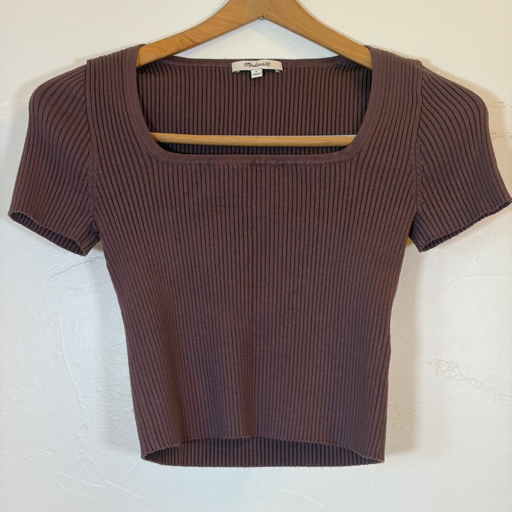 New Madewell Brown Ribbed Square Neck Short Sleeve Cropped T shirt Top Size S - Picture 2 of 6